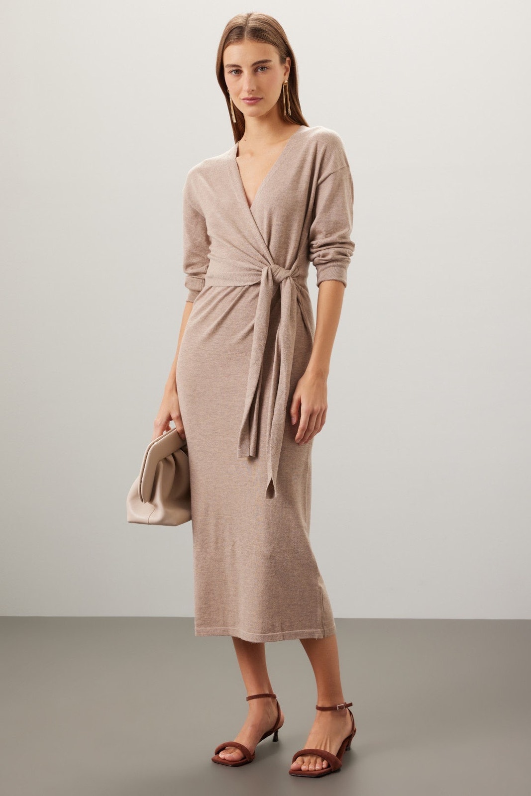 Modern Citizen Lenese Beige Knit Tie Waist Long Sleeve Wrap Midi Dress Size S